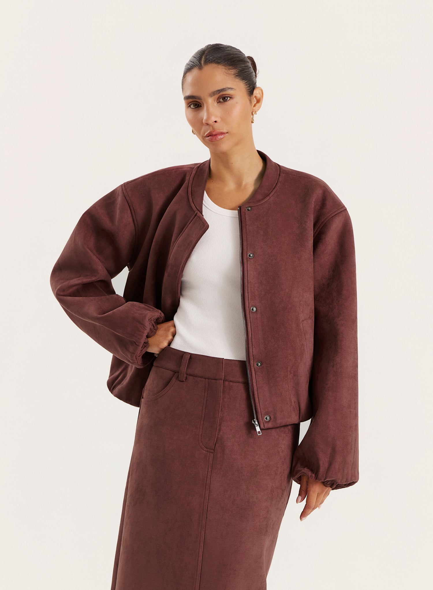 Burgundy Faux Suede Bomber Jacket